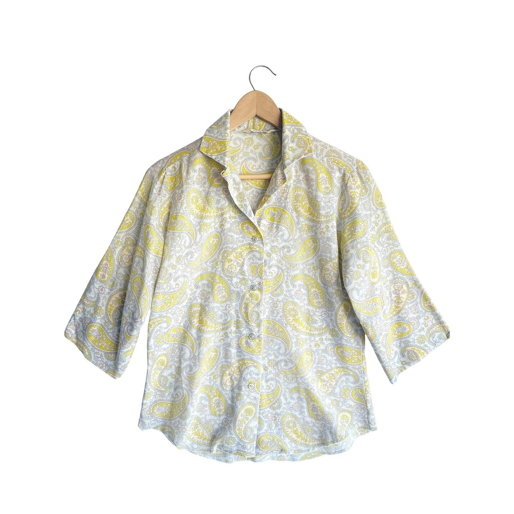 Lady Manhattan Vintage 60s Paisley Button Down Blouse Yellow Grey Mod Top Sz 12